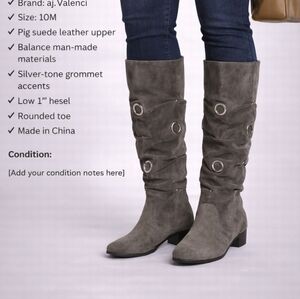 aj.Valenci Gray Pig Suede Tall Boots Size 10M Silver Grommet Detail Low 1" Heel